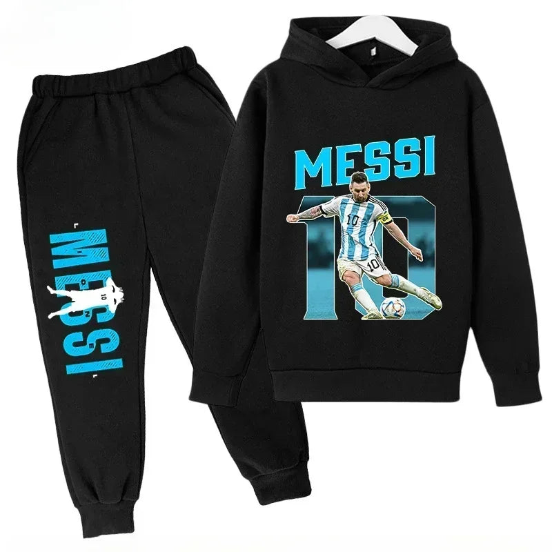 Conjunto deportivo para niños de primavera y otoño, traje con capucha y pantalones con estampado de Messi, conjunto de 2 uds., ropa para niños y niñas, chándal informal de moda