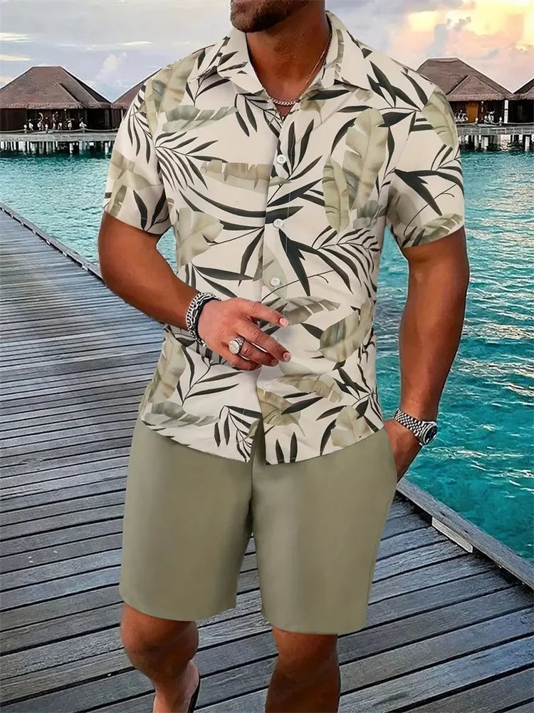 Conjunto Hombre Verano Playa Hawaiano Oversize – Camisa Manga Corta + Shorts Estampado 3D (2 Piezas)