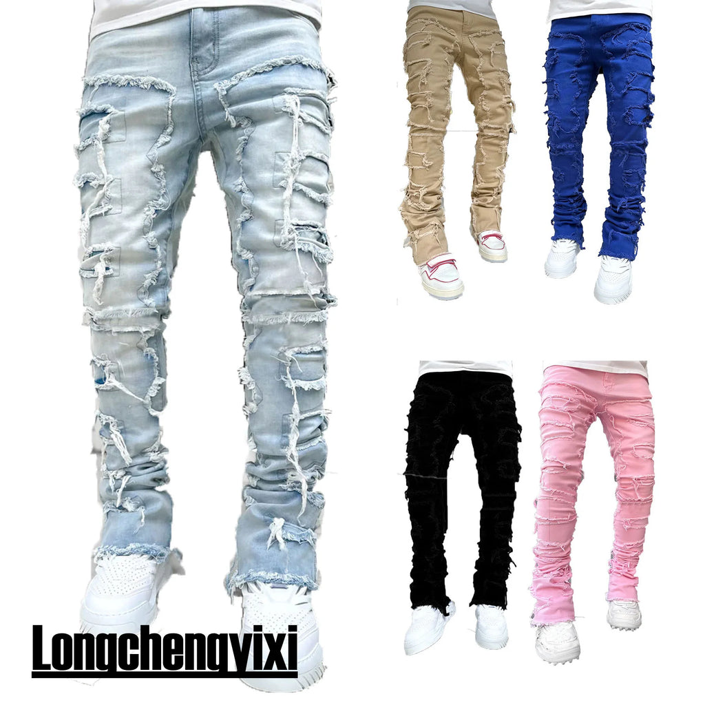 Nuevos pantalones vaqueros de moda para hombre, pantalones de trabajo, ropa de trabajo de moda europea y americana, pantalones acampanados en capas de mezclilla con retales elásticos, S-XXL