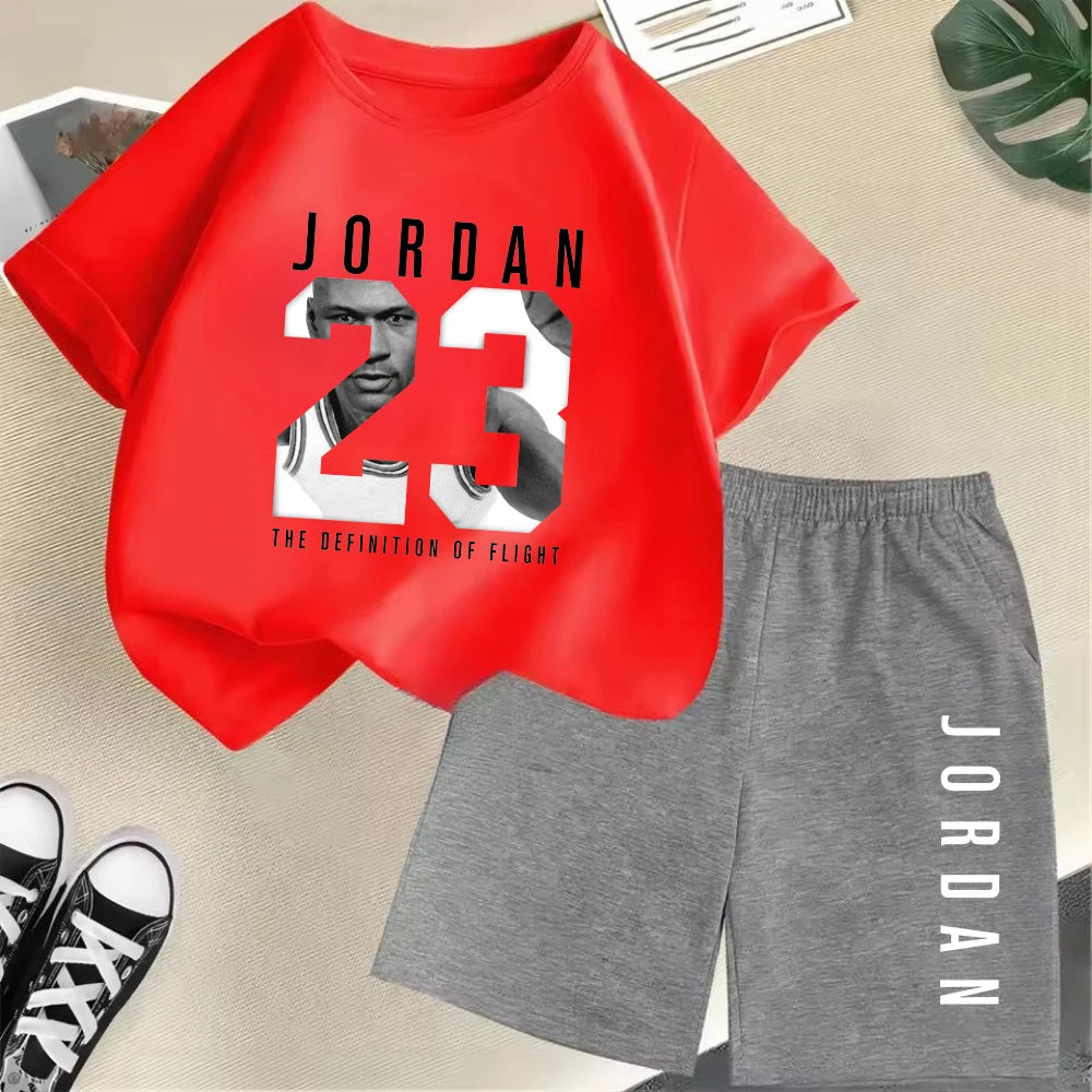 Conjunto de camiseta de manga corta de verano para niños, moda deportiva, pantalones cortos para niños y niñas, conjunto informal de 2 uds con estampado de gráficos de marca, conjunto para chico