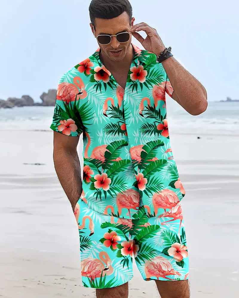 2025 Camisas con estampado de flamencos en 3D para hombre, pantalones cortos hawaianos de manga corta para vacaciones en la playa, conjuntos de moda de tendencia Hip Hop de verano de 2 piezas para hombre
