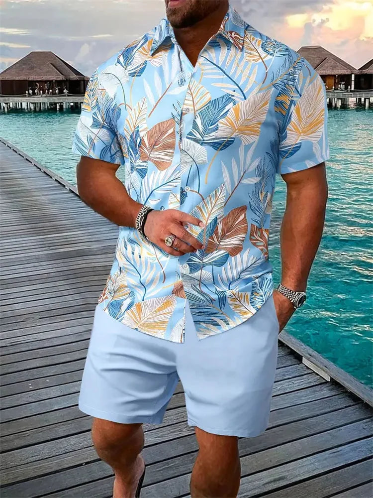 Conjunto Hombre Verano Playa Hawaiano Oversize – Camisa Manga Corta + Shorts Estampado 3D (2 Piezas)