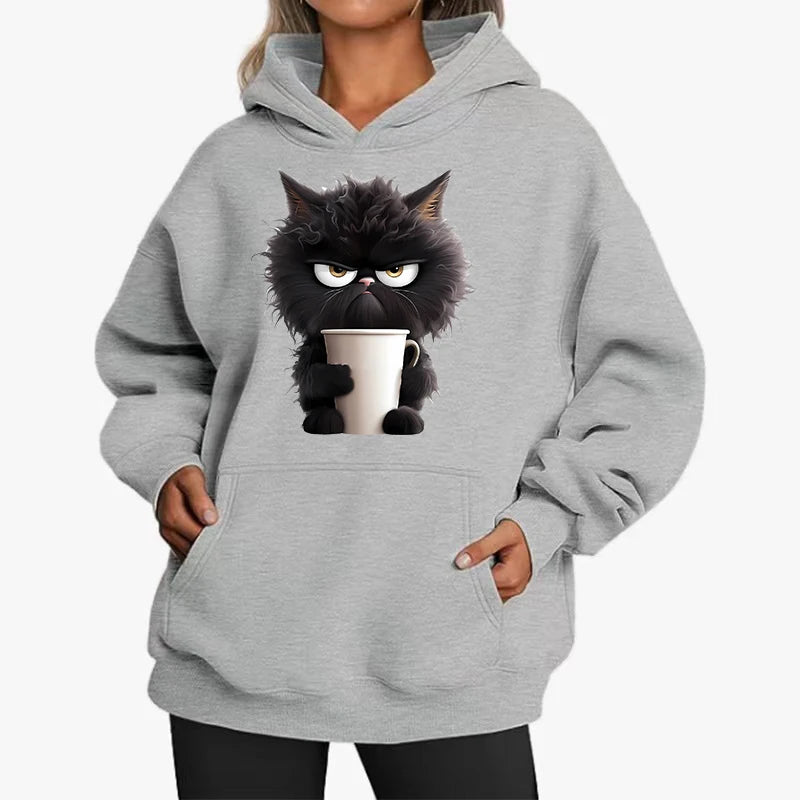 Divertido gato nueva moda sudaderas con capucha para mujer primavera Otoño Invierno Casual sudaderas con capucha Tops Color sólido Sudadera con capucha Mujer