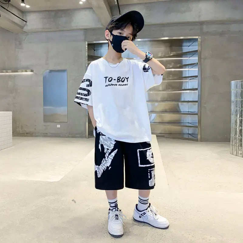 Conjunto de ropa deportiva informal para niños, camisetas de 2 piezas y pantalones, trajes de 3 a 14 años, estilo Hip Hop, moda de verano