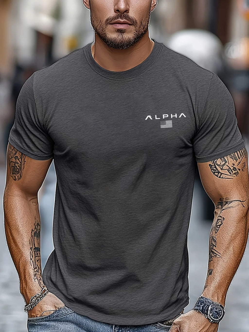 Camiseta de manga corta con cuello redondo y estampado de patrón ALPHA para hombre, 100% de algodón, informal, a la moda, deportiva, holgada, de verano