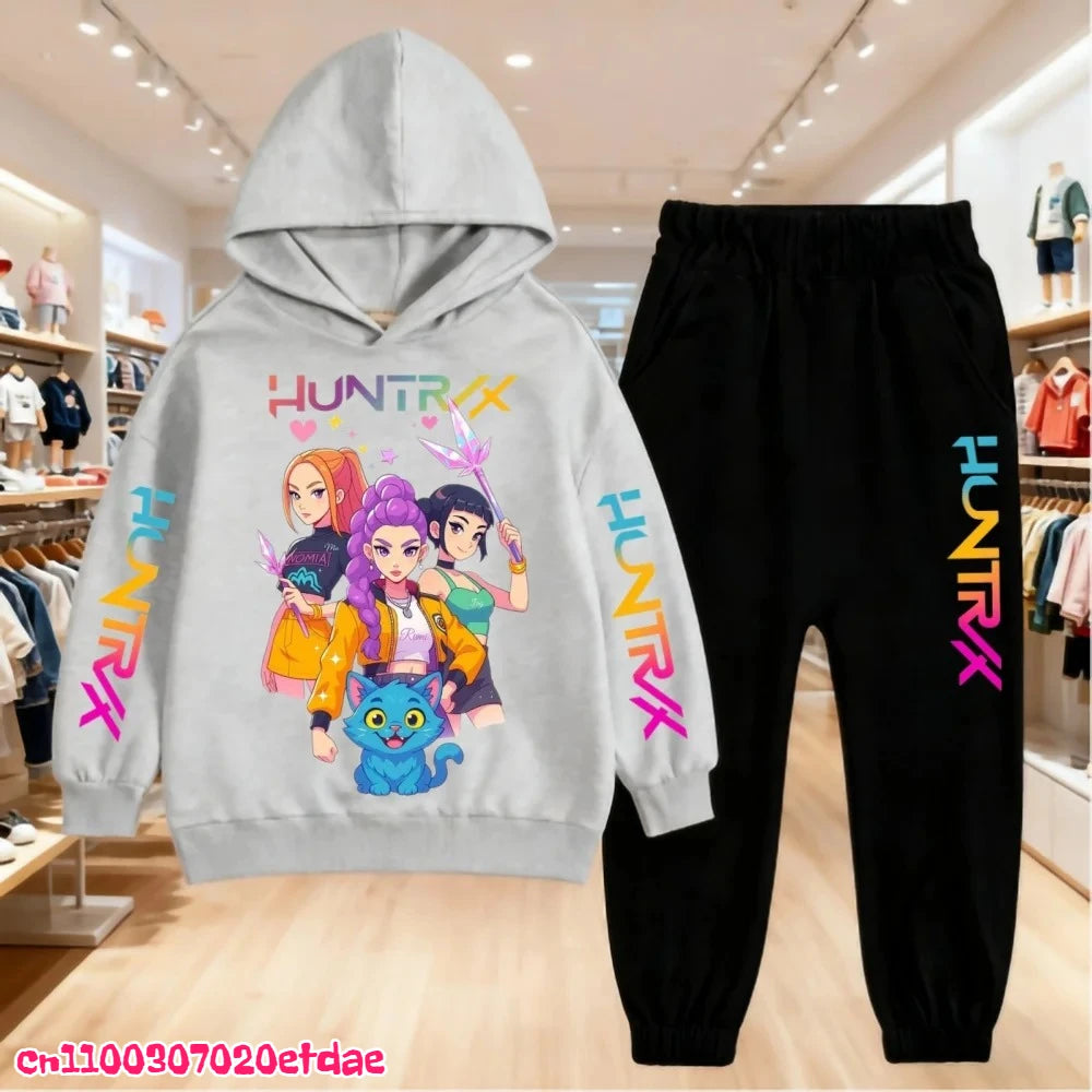 Otoño Invierno Sudadera con capucha para niños KPop Demon Hunters ropa de ocio prendas de vestir exteriores sudadera + Pantalones conjunto 3-12 años niños niñas regalo
