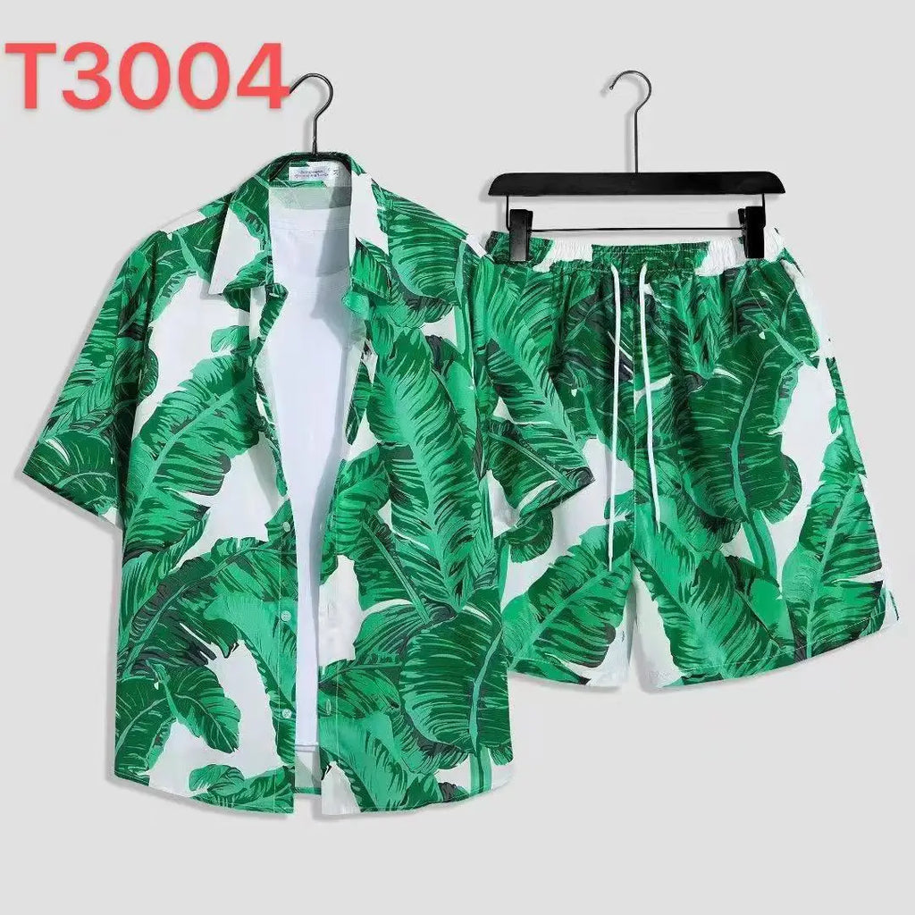 Cómoda camisa con estampado 3D de árbol de coco y hojas de hierba y flores + Pantalones cortos, conjunto de dos piezas, camisas con cuello abatible de manga corta, medio pantalón