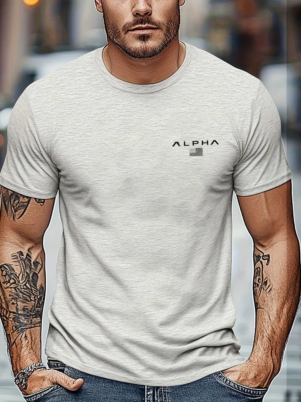 Camiseta de manga corta con cuello redondo y estampado de patrón ALPHA para hombre, 100% de algodón, informal, a la moda, deportiva, holgada, de verano