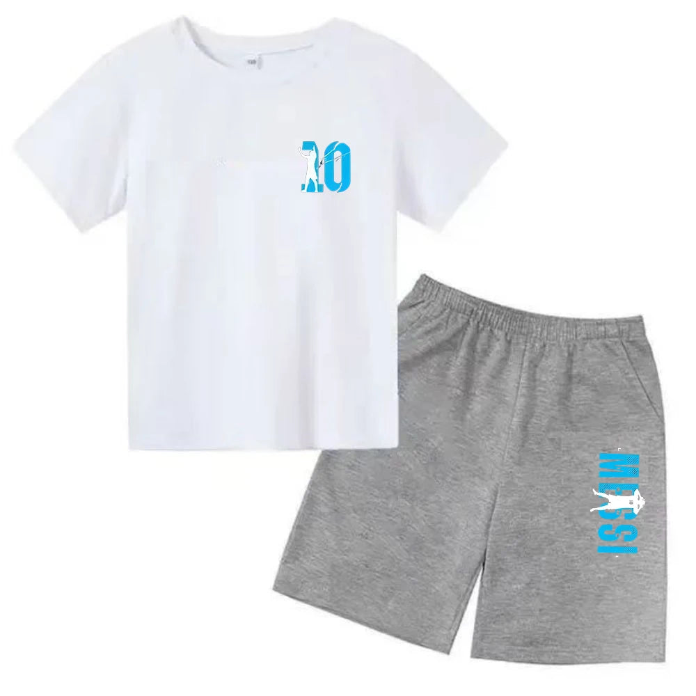 Conjunto de verano para niños, camiseta de manga corta con estampado Messi + Pantalones cortos, conjunto de 2 uds., traje deportivo informal a la moda para niños y niñas, ropa para fanáticos