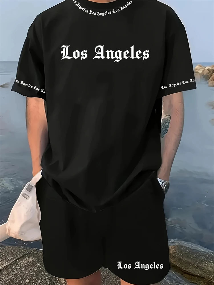 Nuevo traje corto de manga corta con cuello redondo para hombre, moderno y sencillo para actividades al aire libre y uso diario, conjunto de dos piezas