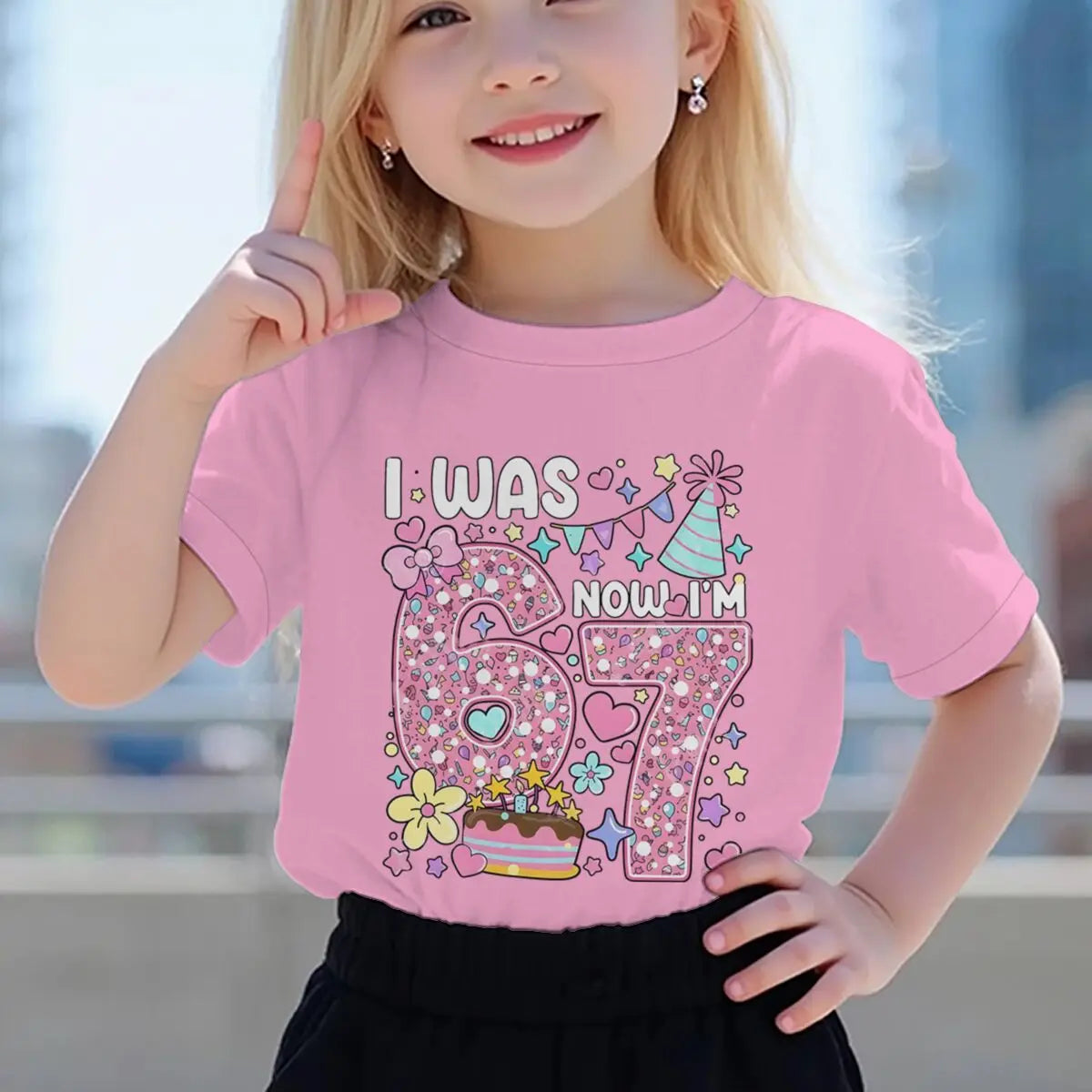 Camiseta para niñas con estampado de números, de algodón, de manga corta y cuello redondo, para el séptimo cumpleaños, con la frase 'I Was 6 Now I'm 7', para niñas de 7 años