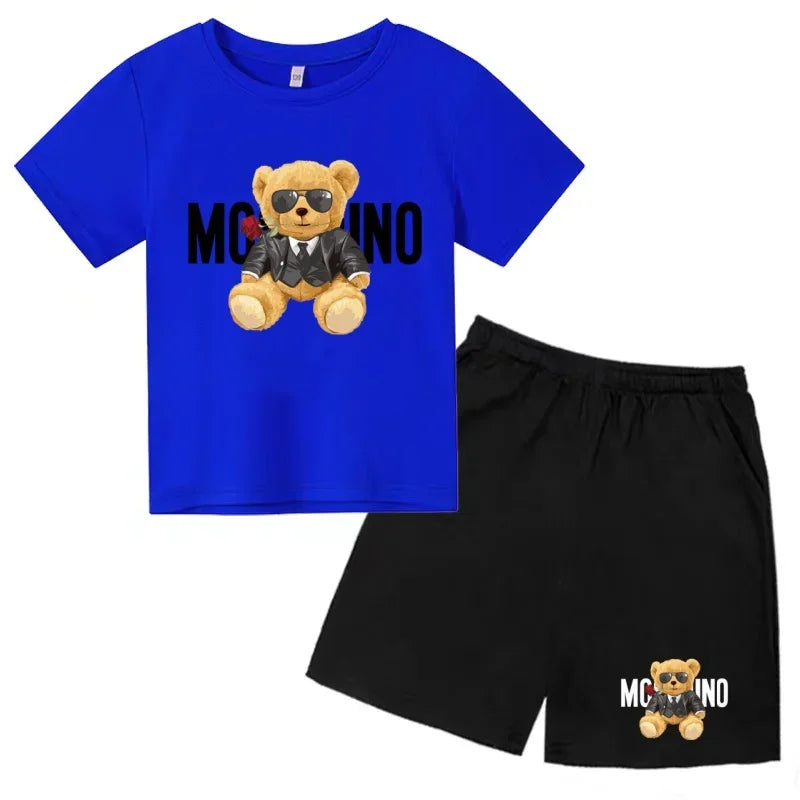 Boys Girls Summer Casual 2Pcs Set Lovely Bear Letter Print T-shirt & Shorts Comfortable Sports Running Suit