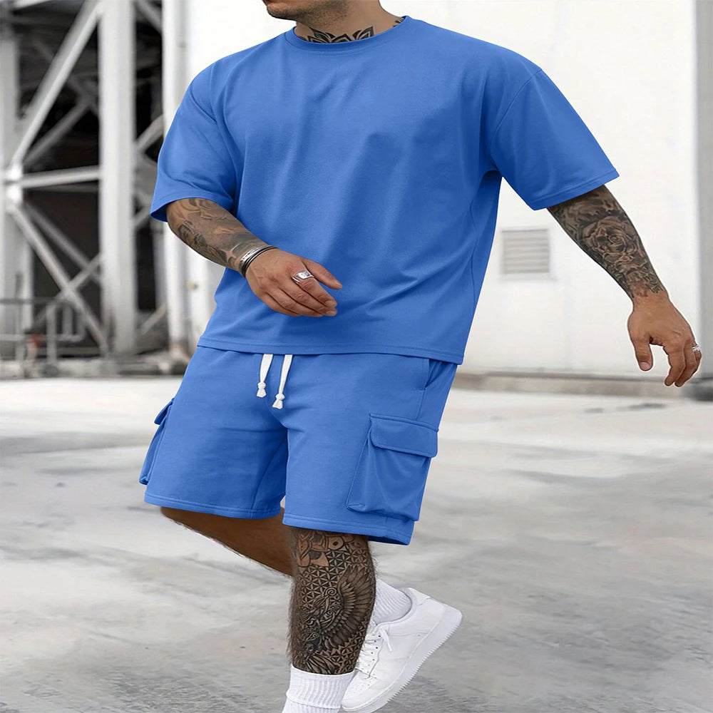 Nuevo estilo de verano, camiseta de moda y pantalones cortos de utilidad, conjunto de Color sólido, un traje informal y deportivo para hombre