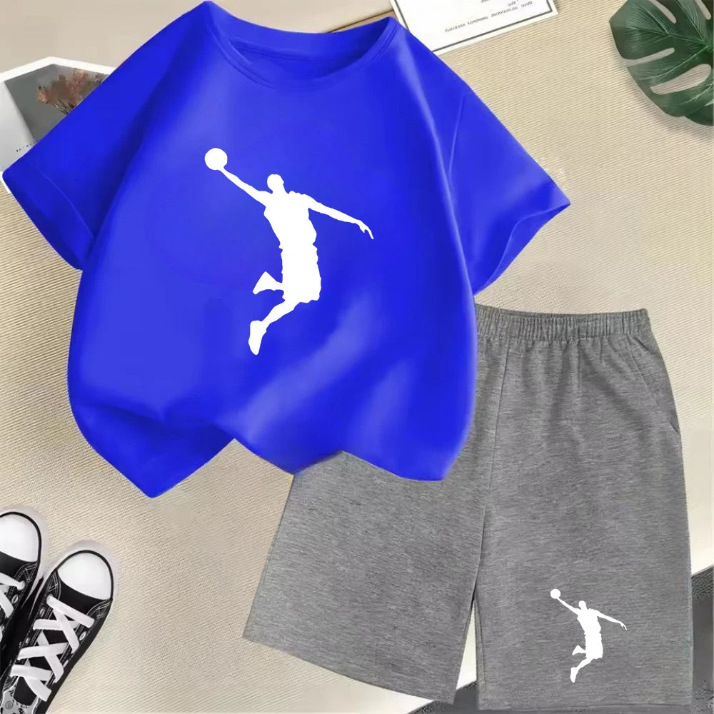 Conjunto de camiseta de manga corta de verano para niños, moda deportiva, pantalones cortos para niños y niñas, conjunto informal de 2 uds con estampado de gráficos de marca, conjunto para chico