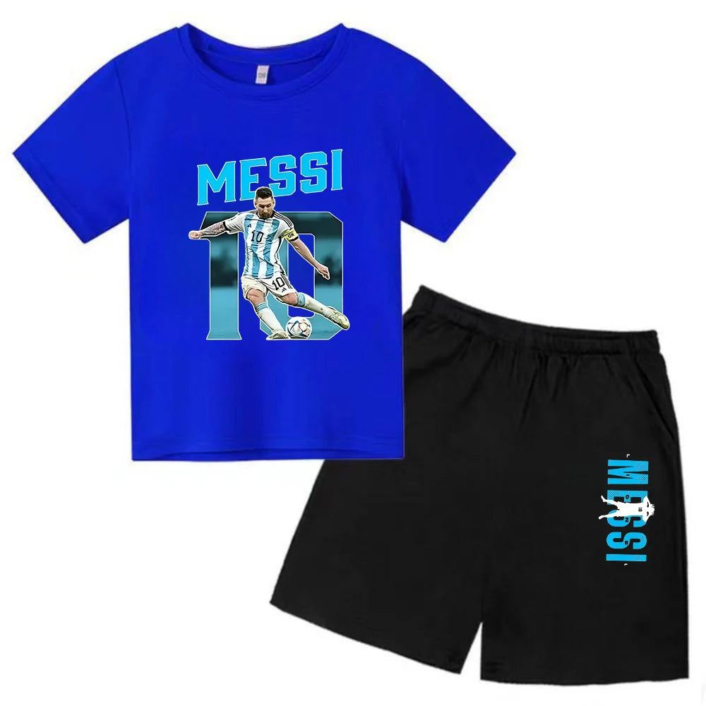 Conjunto de verano para niños, camiseta de manga corta con estampado Messi + Pantalones cortos, conjunto de 2 uds., traje deportivo informal a la moda para niños y niñas, ropa para fanáticos
