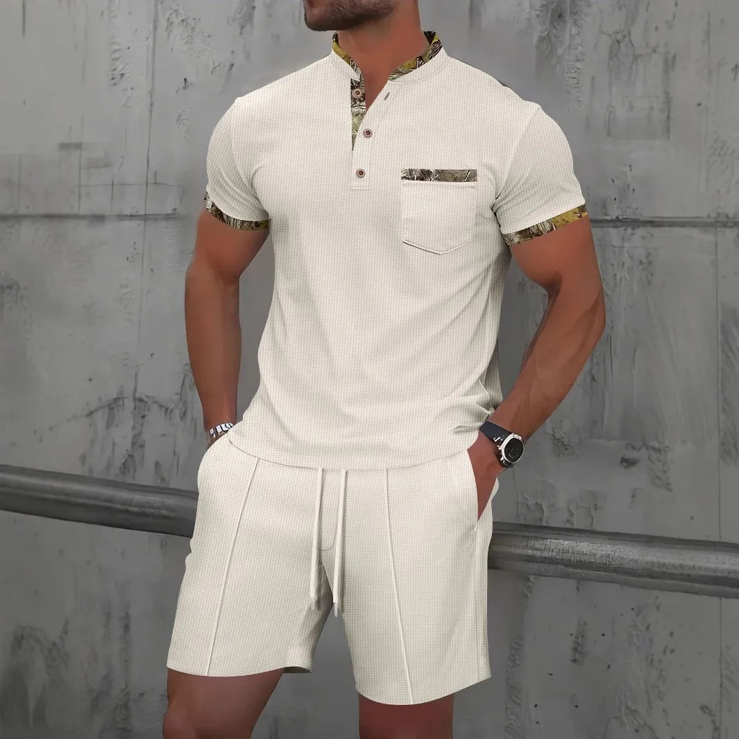 Conjunto de Dos Piezas para Hombre, Verano 2026, Estilo Europeo y Estadounidense, Color Liso, Cierre de Cremallera, Solapa, Manga Corta, Pantalones Cortos