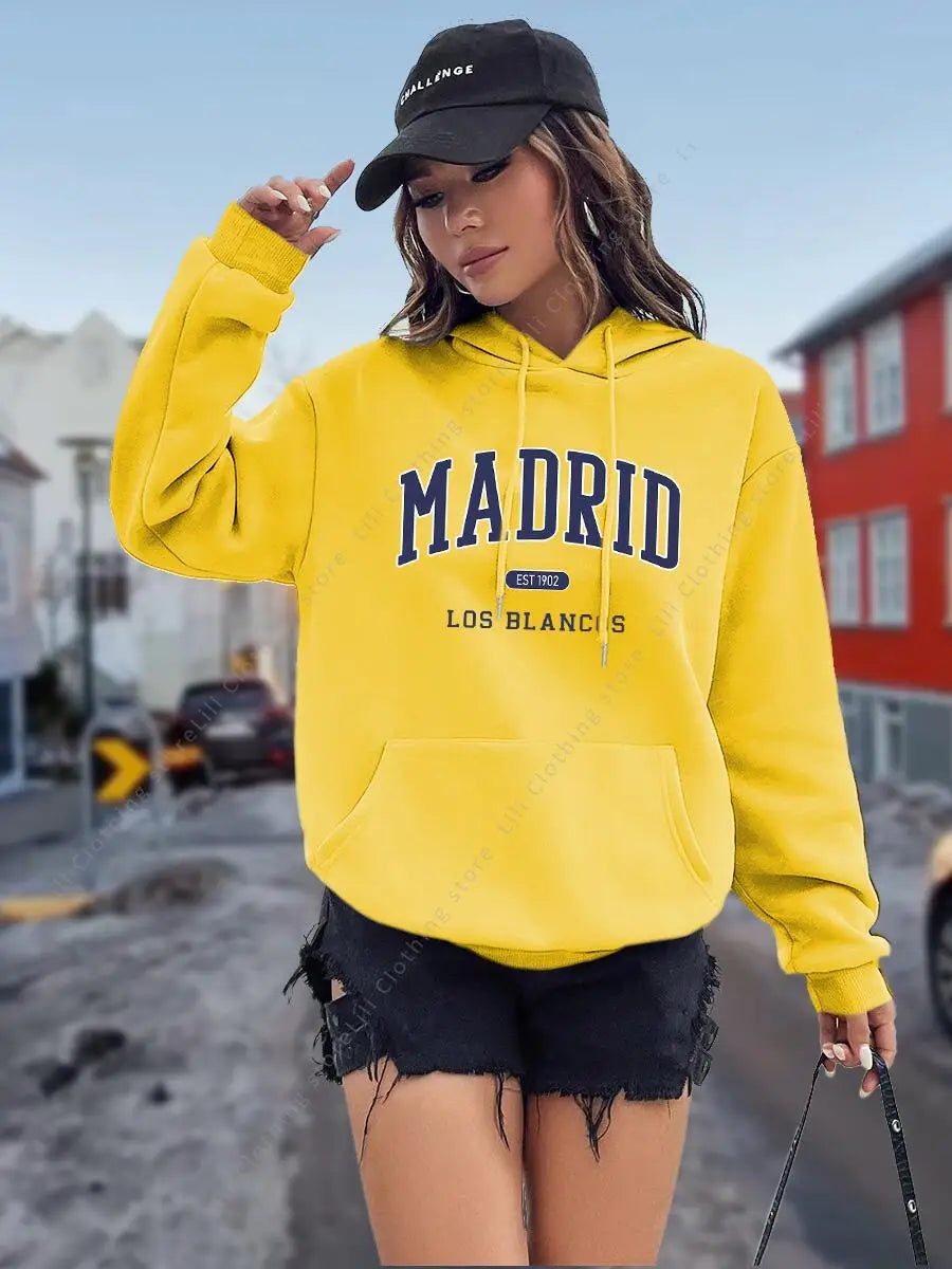 Sudadera con Capucha para Mujer con Estampado de Letras MADRID, Otoño Invierno, Tops de Alta Calidad, Sudadera Estética, Camisa con Capucha, Ropa Holgada para Mujer