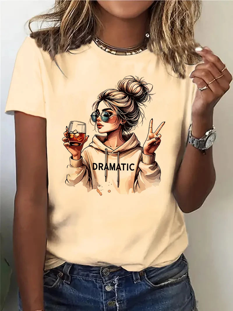 Camiseta gráfica informal para mujer, ropa de calle de los años 90, estampado "Dramático" con estampado de vino, camiseta de manga corta, camiseta superior