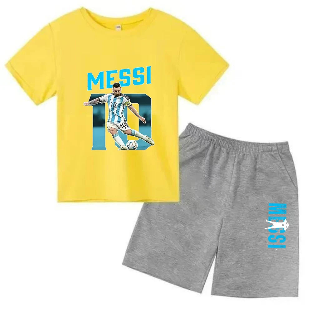 Conjunto de verano para niños, camiseta de manga corta con estampado Messi + Pantalones cortos, conjunto de 2 uds., traje deportivo informal a la moda para niños y niñas, ropa para fanáticos