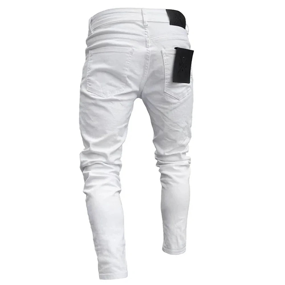 Pantalones Vaqueros Rasgados Hombre Bordado Blanco - Hip Hop