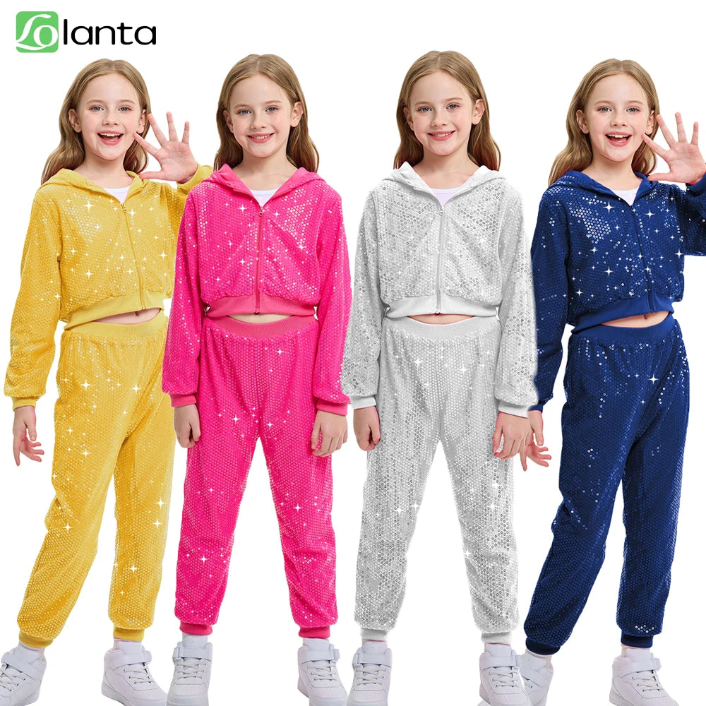 LOlanta-Conjunto de chaqueta y pantalones con capucha para niña, 2 piezas, lentejuelas, ropa de baile de Hip Hop, trajes de fiesta temáticos para niños de 5 a 12 años