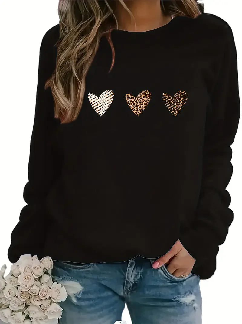 Sudadera con capucha con estampado de corazón de leopardo, sudadera informal de manga larga con cuello redondo para otoño e invierno, ropa de mujer