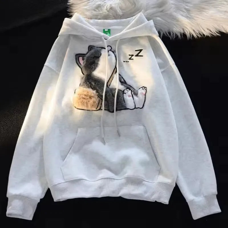 Sudaderas con capucha de retales de gato de dibujos animados con bordado aterciopelado Kawaii japonés, sudadera holgada de calle con bolsillo de canguro grueso, Top que combina con todo