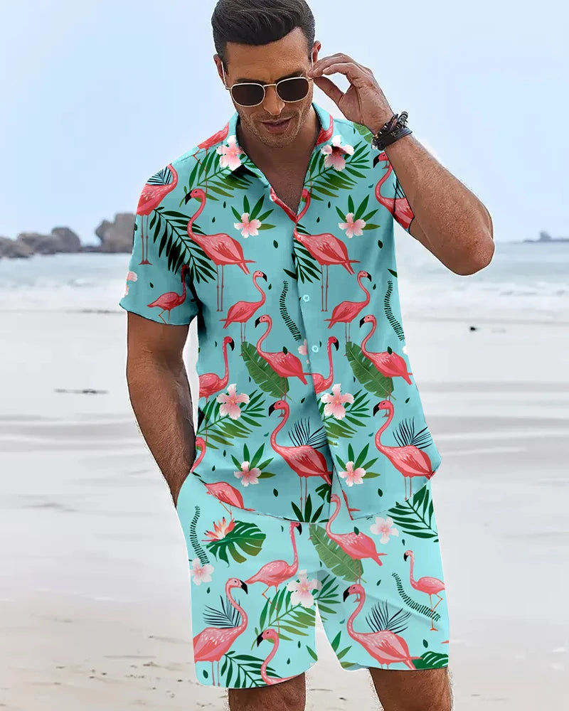2025 Camisas con estampado de flamencos en 3D para hombre, pantalones cortos hawaianos de manga corta para vacaciones en la playa, conjuntos de moda de tendencia Hip Hop de verano de 2 piezas para hombre