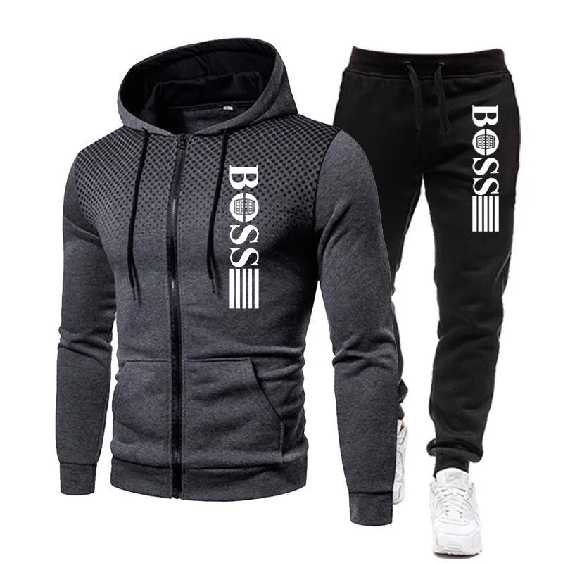 2025 Nueva sudadera con capucha con cremallera para hombre + conjunto de pantalones casuales para moda de otoño e invierno Ropa deportiva cálida y conjunto de dos piezas