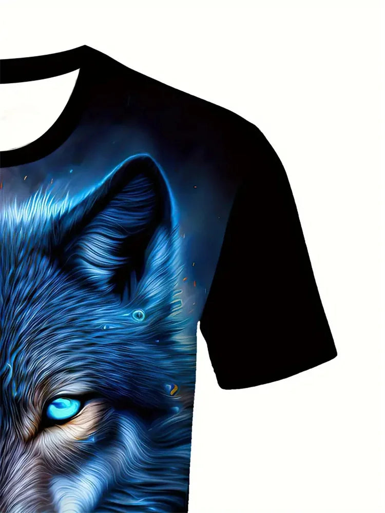 Camiseta con estampado de lobo en 3D para hombre, camisa informal de manga corta con cuello redondo, tela transpirable y cómoda, ropa de calle para exteriores para hombre