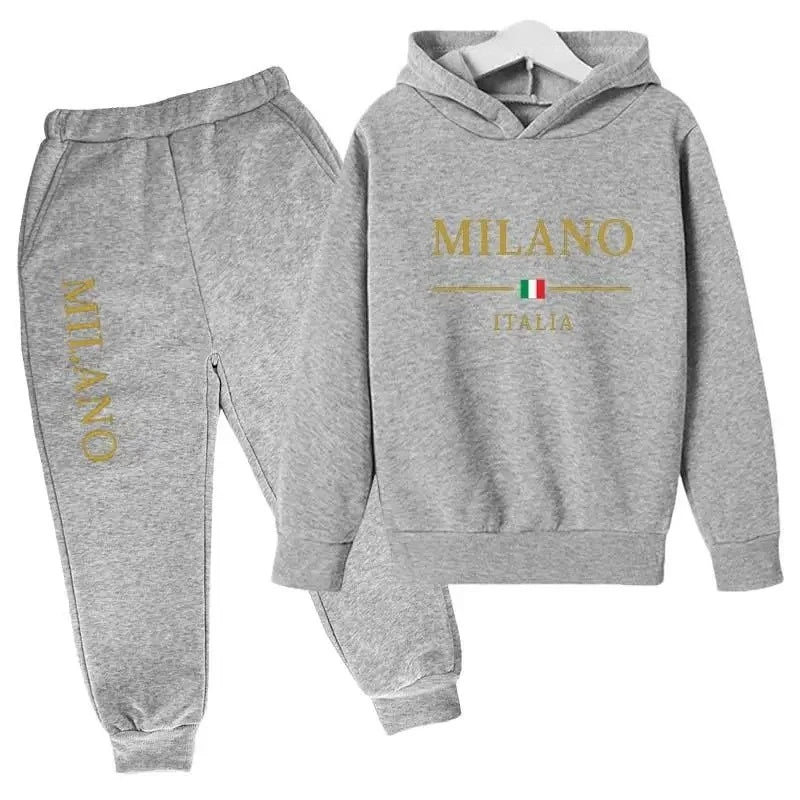 Sudadera con capucha y pantalones con estampado de letras de marca de moda, conjunto deportivo de 2 piezas para niños y niñas, ropa informal, conjunto infantil