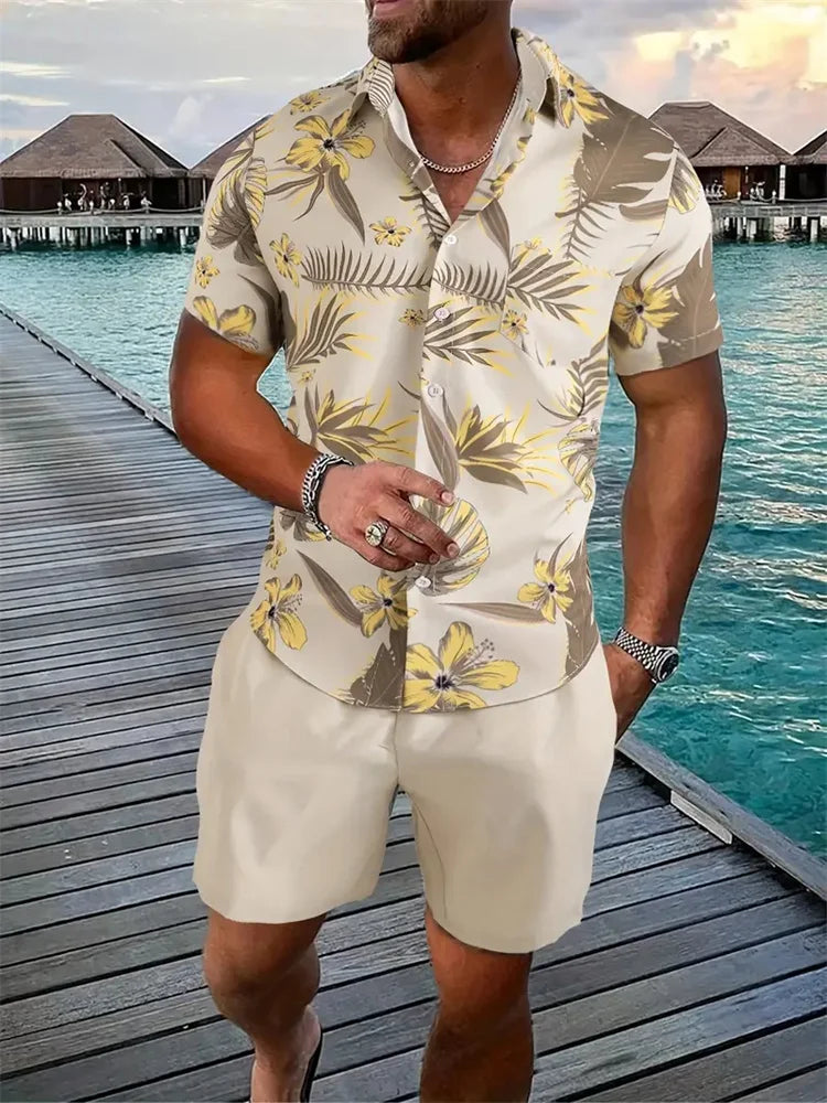 Conjunto Hombre Verano Playa Hawaiano Oversize – Camisa Manga Corta + Shorts Estampado 3D (2 Piezas)