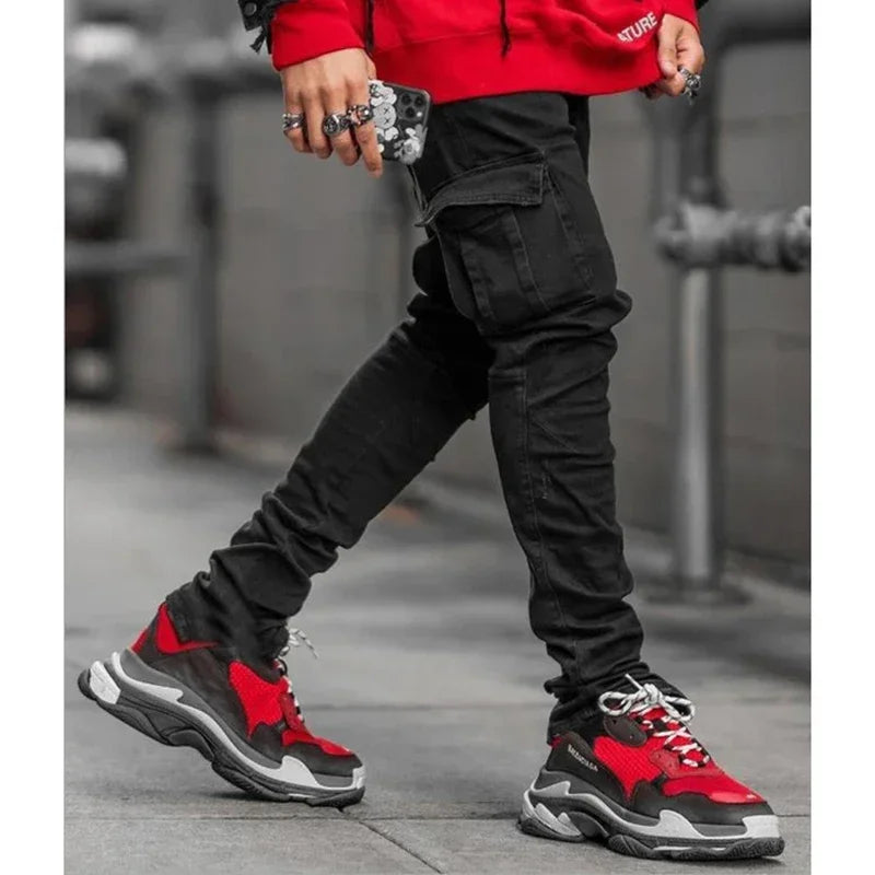 Pantalones vaqueros de tubo informales para hombre, elásticos, con múltiples bolsillos, pequeños, ajustados, de calle, vaqueros Cargo de cintura media de Color sólido