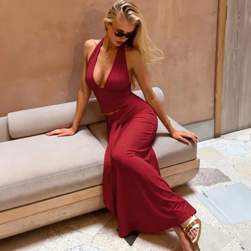 Conjunto de Vestido de 2 Piezas para Mujer Tuularose, Top Sexy con Cuello Halter y Falda con Tiras, Conjunto Elegante para Fiesta de Verano