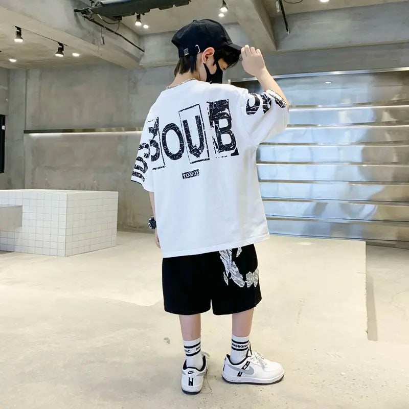 Conjunto de ropa deportiva informal para niños, camisetas de 2 piezas y pantalones, trajes de 3 a 14 años, estilo Hip Hop, moda de verano