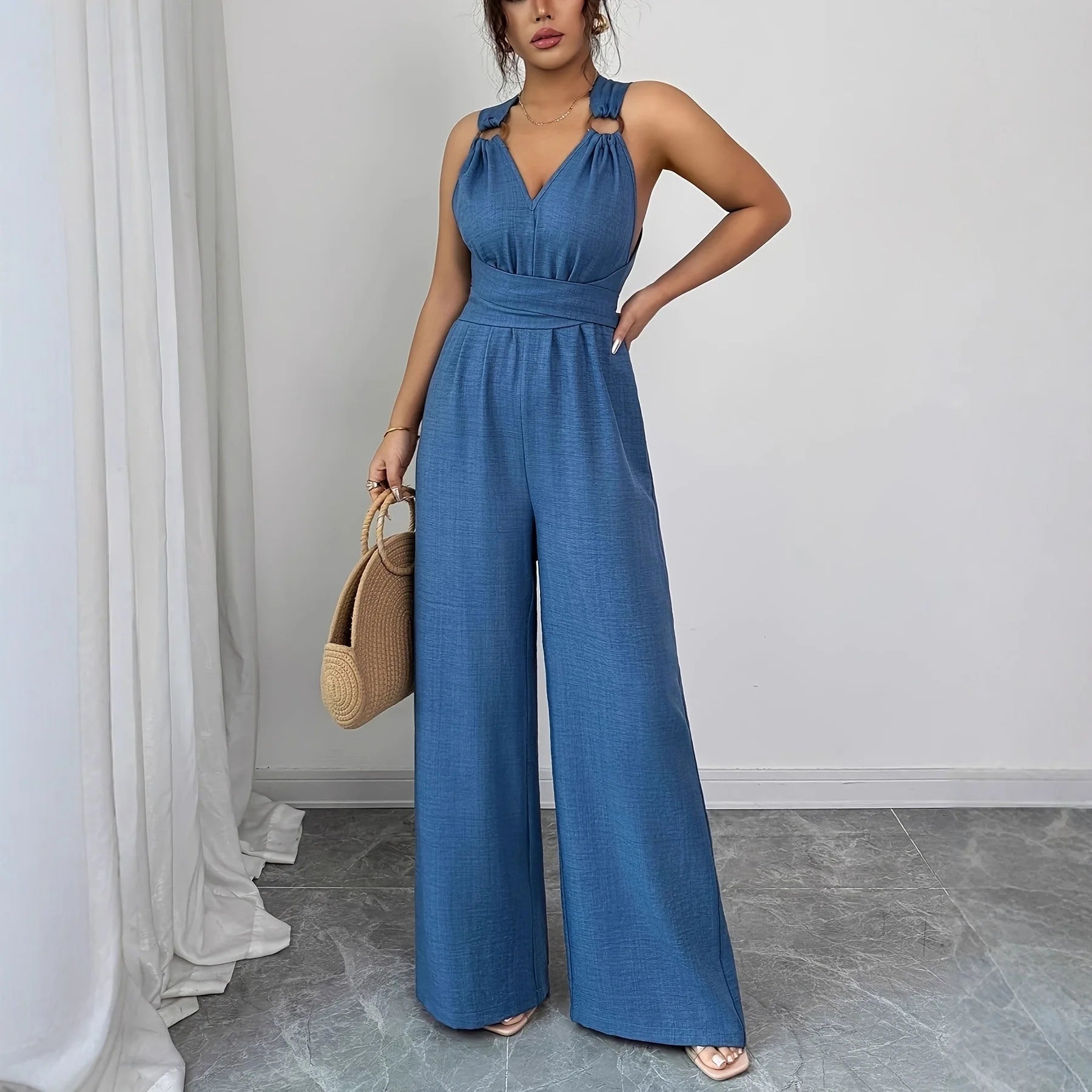 Monos para mujer 2026: Novedades en moda, sexy, con cuello en V, espalda descubierta, cinturón cruzado y pierna ancha. Ropa de mujer.