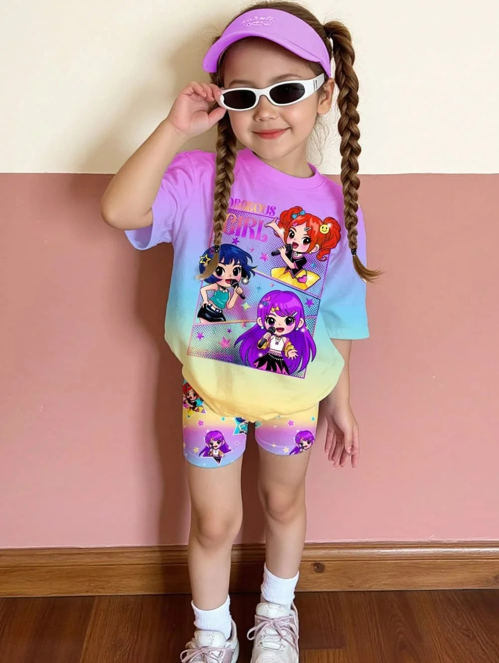 Conjunto de Camiseta y Pantalones con Estampado de Dibujos Animados Kpop, Ropa de Verano para Niñas, Conjunto de Manga Corta, Conjunto de Camiseta y Pantalones Cortos para Niños