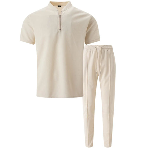 2025 Nueva camiseta polo de color sólido con cremallera pequeña y cuello tipo gofre para hombre, camiseta, pantalones de manga corta, dos conjuntos