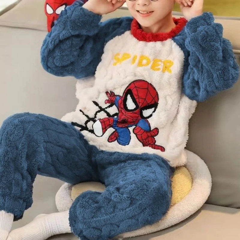 Otoño/Invierno Disney ropa para niños conjunto de ropa de dormir para niños conjunto de pantalones gruesos y cálidos de franela pijamas de dos piezas ropa para niños Spiderman