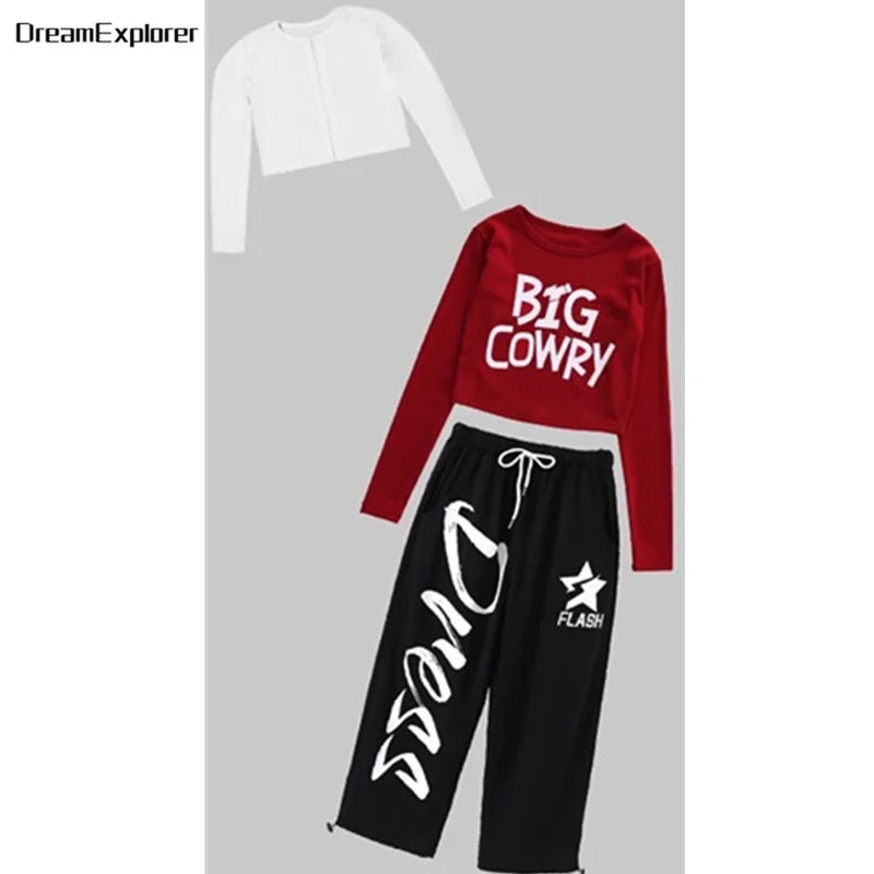 Top corto k-pop para niñas, pantalones deportivos con letras a la moda, conjuntos de ropa de grupo para niñas, ropa informal estilo Hip Hop, disfraces de Jazz para niños