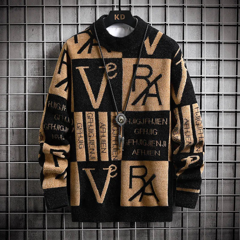 Suéter de punto para hombre, jerséis a rayas con estampado, suéter de cuello redondo, Otoño/Invierno, ropa informal de calidad de diseñador para hombre, jersey