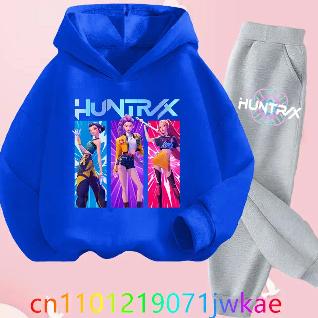 Conjuntos de sudaderas con capucha y pantalones de cazadores de demonios para adolescentes, Sudadera con capucha de película de Anime coreano para niños y niñas, trajes deportivos con capucha de manga larga a la moda