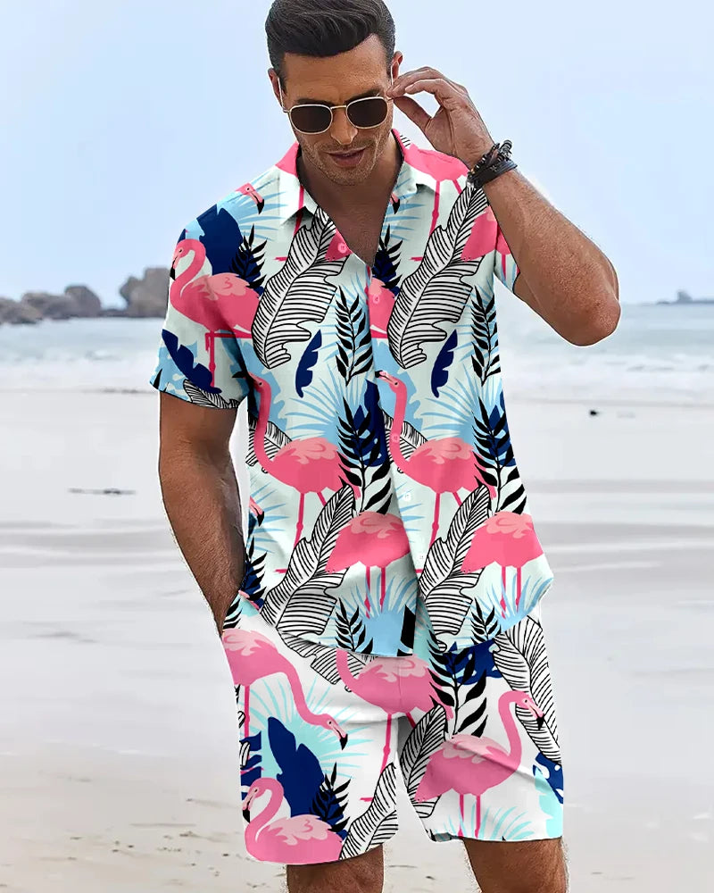 2025 Camisas con estampado de flamencos en 3D para hombre, pantalones cortos hawaianos de manga corta para vacaciones en la playa, conjuntos de moda de tendencia Hip Hop de verano de 2 piezas para hombre