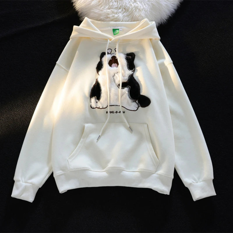 Sudaderas con capucha de retales de gato de dibujos animados con bordado aterciopelado Kawaii japonés, sudadera holgada de calle con bolsillo de canguro grueso, Top que combina con todo