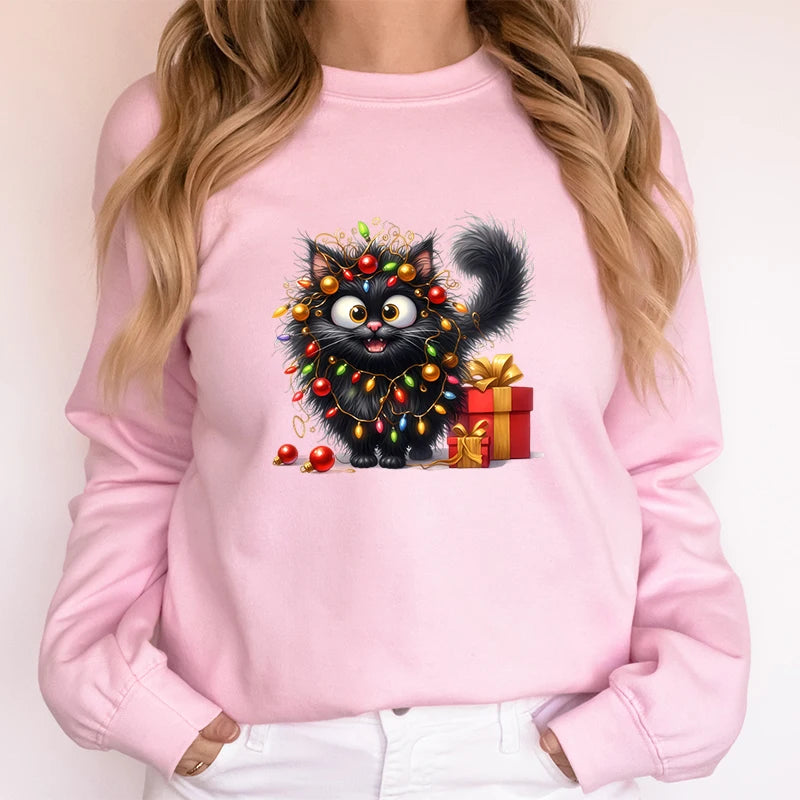 Regalo de amante de los gatos para Navidad, sudaderas para mujer, lindas y esponjosas luces de gatos, sudaderas con capucha de vacaciones, sudaderas navideñas para amantes de los animales
