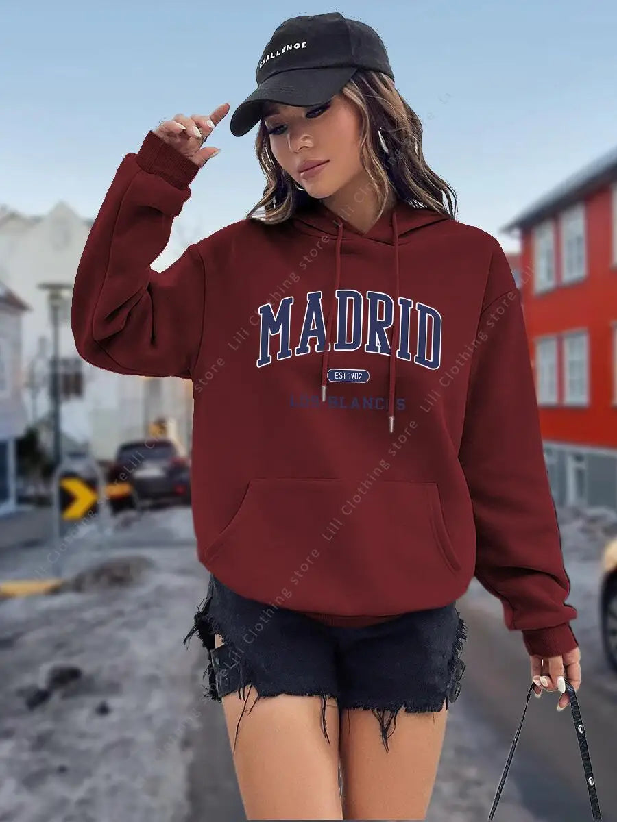 Sudadera con Capucha para Mujer con Estampado de Letras MADRID, Otoño Invierno, Tops de Alta Calidad, Sudadera Estética, Camisa con Capucha, Ropa Holgada para Mujer
