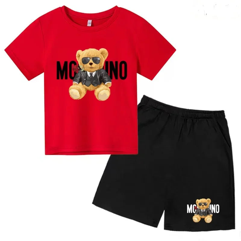 Boys Girls Summer Casual 2Pcs Set Lovely Bear Letter Print T-shirt & Shorts Comfortable Sports Running Suit