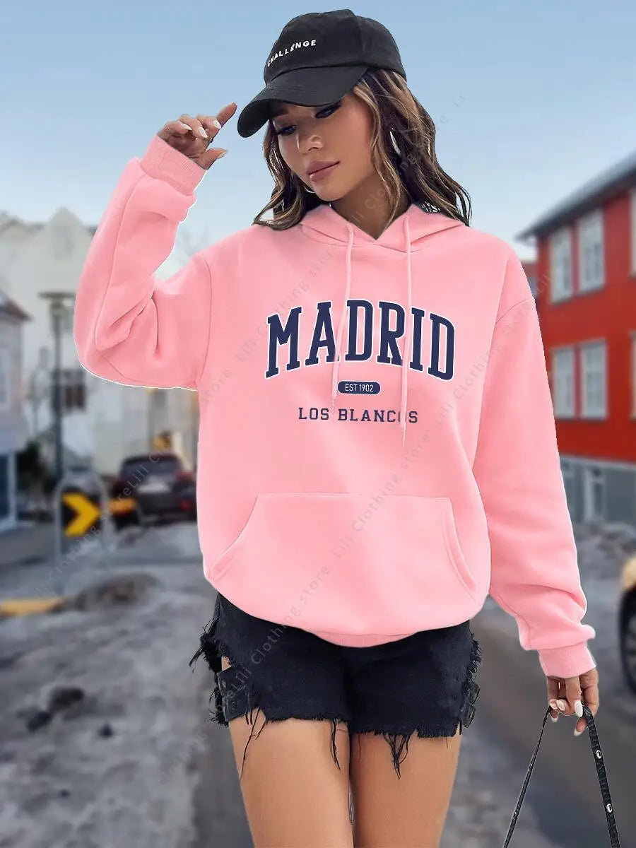 Sudadera con Capucha para Mujer con Estampado de Letras MADRID, Otoño Invierno, Tops de Alta Calidad, Sudadera Estética, Camisa con Capucha, Ropa Holgada para Mujer