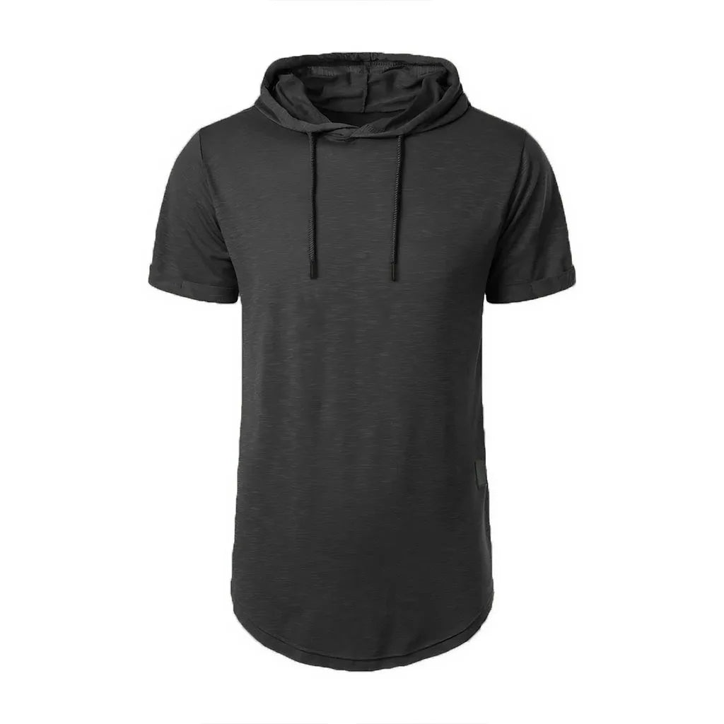Camiseta de algodón para hombre, camisetas deportivas transpirables ajustadas de Color sólido con capucha de manga corta, camisetas informales ligeras para Fitness para hombre