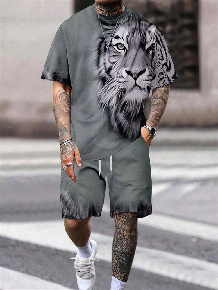 Nueva 2024 Camiseta de manga corta con cuello redondo, conjunto de pantalones cortos de moda con estampado de León en 3D, conjunto de 2 piezas de deportes de verano para hombres